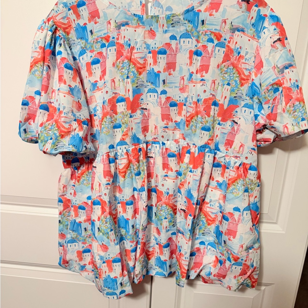 Colorful Mediterranean Print Peplum Top - Coral & Sky Blue